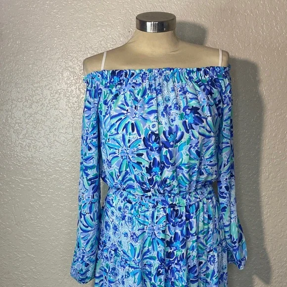 Lilly Pulitzer Blue and Green Off-Shoulder Dress - Picture 3 of 12